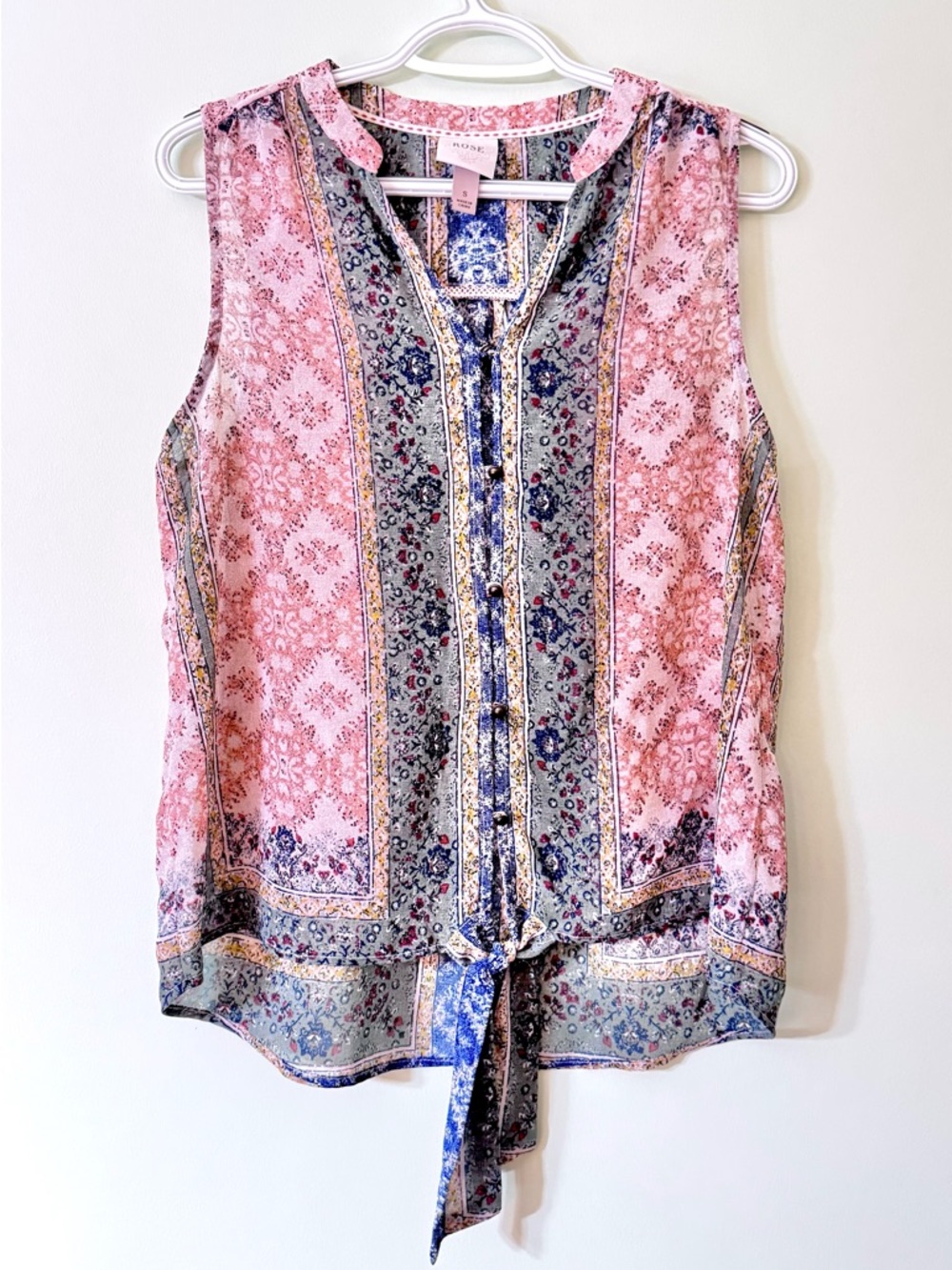 Knox Rose Boho Floral Patchwork Tie Front Tank Top Small Cottagecore
